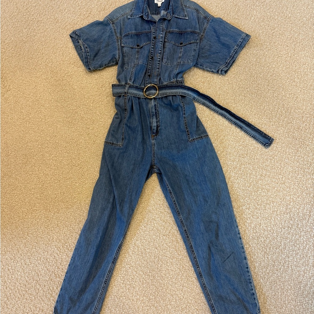 Frame Denim Blue Denim Short-Sleeve Jumpsuit with Belt